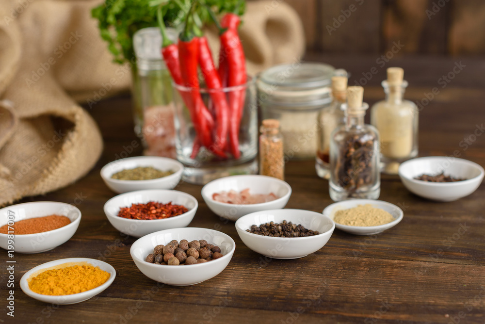 Various spices against a dark background. Food ingredients Various spices against a dark background. Food ingredients