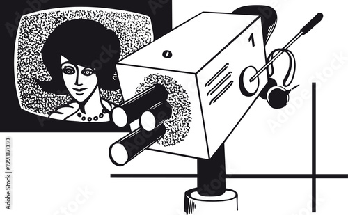 Television spokeswoman with camera, Retro Vector Illustration