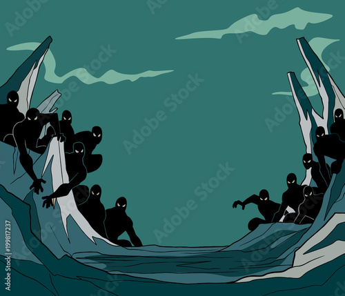 Dramatic fictional scene with many terrifying dark creatures crawling on cliffs in the desert as concept for the forces of evil