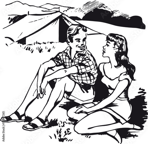 Young couple in front of the tent, Retro Vector Illustration