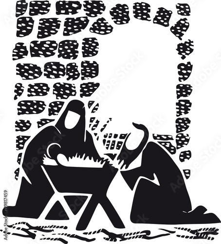 Jesus, Mary and Joseph with crib, Retro Vector Illustration