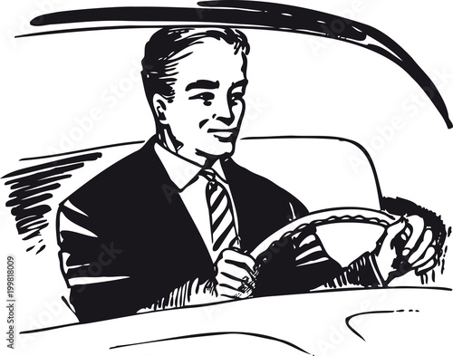 Man behind the wheel, Retro Vector Illustration