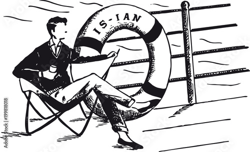 Man sitting on deck with newspaper, Retro Vector Illustration