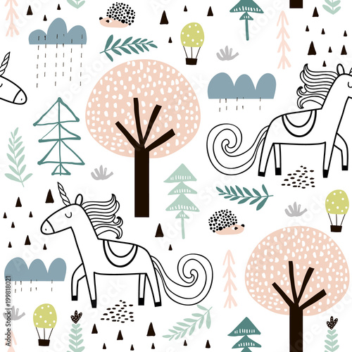 Seamless childish pattern with fairy unicorn  hedgehog in the wood. Creative kids city texture for fabric  wrapping  textile  wallpaper  apparel. Vector illustration