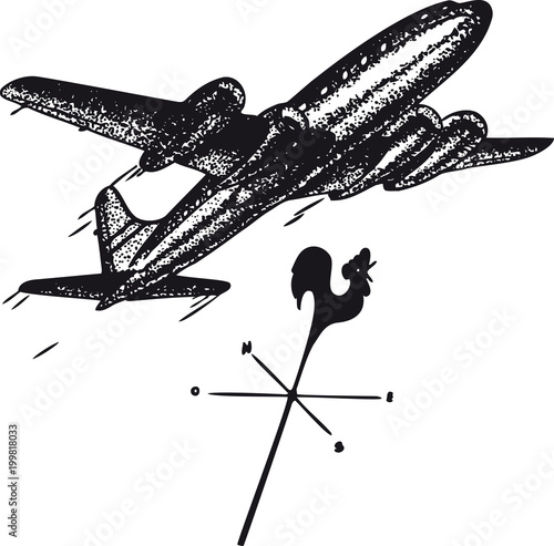 Airplane flies over church, Retro Vector Illustration