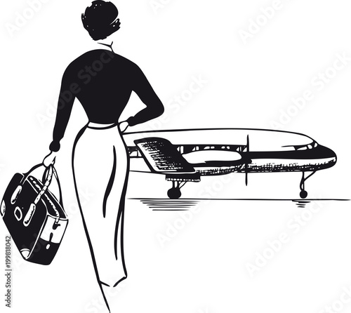 Hostess in front of a swissair airplane, Retro Vector Illustration