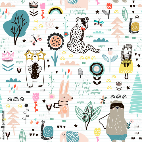 Seamless childish pattern with fairy flowers, bear,bunny, leopard, hedgehog.....