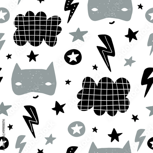 Seamless childish pattern with cute hero mask, flas, star,cloud. Creative kids texture for fabric, wrapping, textile, wallpaper, apparel. Vector illustration