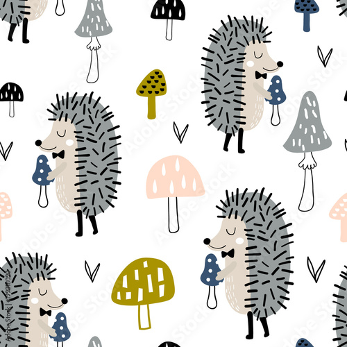 Seamless childish pattern with cute hedgehog and mushrooms. Creative woodland kids texture for fabric, wrapping, textile, wallpaper, apparel. Vector illustration