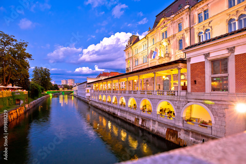 Ljubljana riverfront architecture evening view