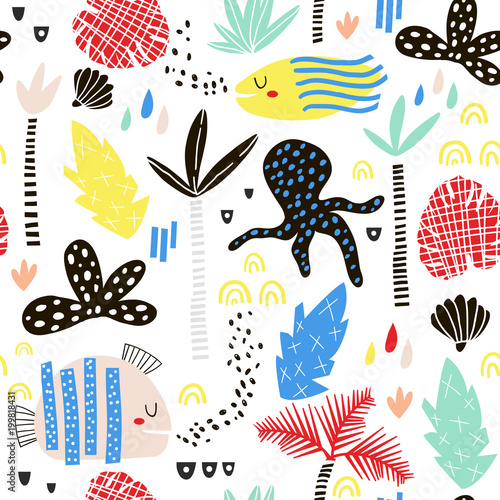 Seamless childish pattern with fish, octopust, palm tree, leaf and hand drawn shapes. Creative summer kids texture for fabric, wrapping, textile, wallpaper, apparel. Vector illustration