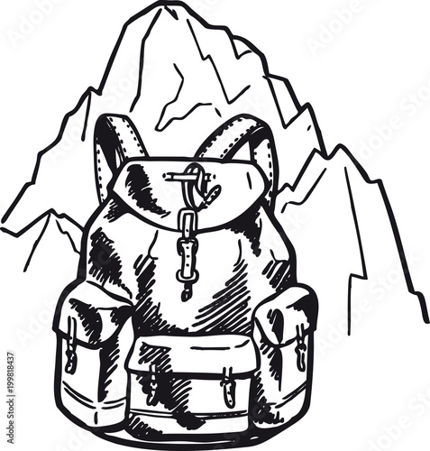 Backpack in front of a mountain, Retro Vector Illustration