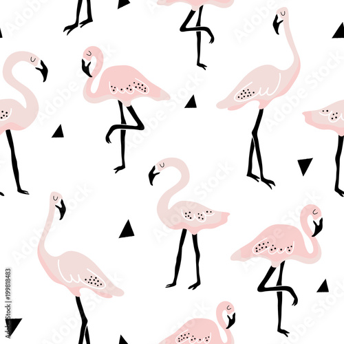 Seamless pattern with flamingo and hand drawn shapes. Creative kids texture for fabric, wrapping, textile, wallpaper, apparel. Vector illustration
