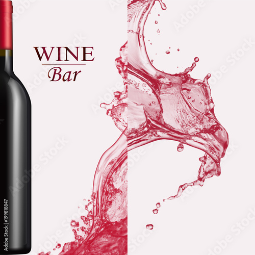 Advertising wine bar page,wine presentation brochure. Illustration of a dark bottle of red wine in photorealistic style. A realistic object on stylish background with splashes of wine and text .Vector