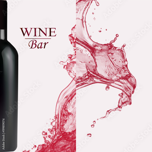 Advertising wine bar page,wine presentation brochure. Illustration of a dark bottle of red wine in photorealistic style. A realistic object on stylish background with splashes of wine and text .Vector