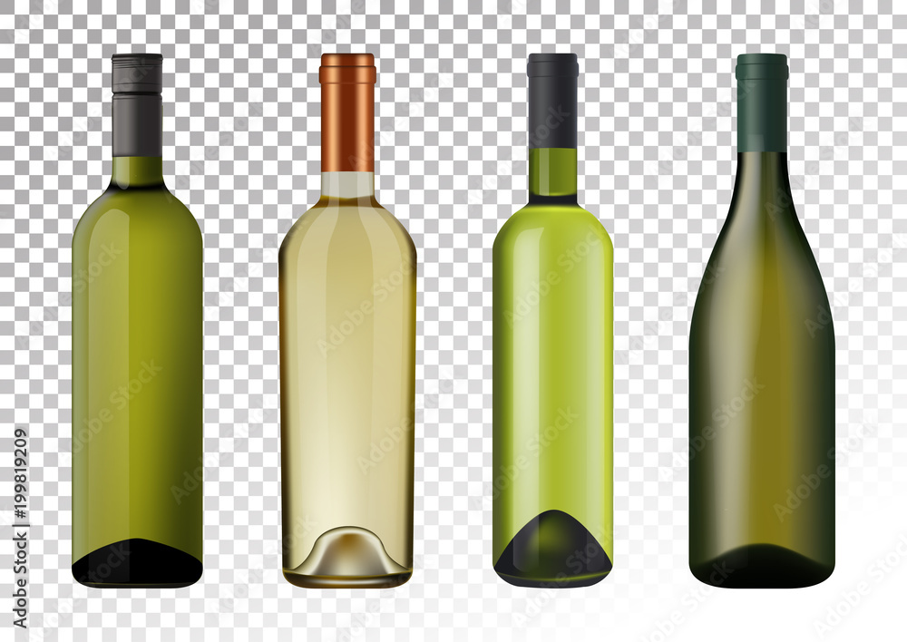 Vector illustration. Set of white wine bottles in photorealistic style. A realistic objects on a transparent background. 3D Realism. Vector illustration. Set of white wine bottles in photorealistic style. A realistic objects on a transparent background. 3D Realism.