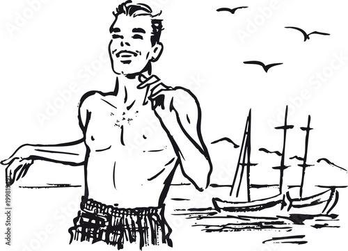 Man running at the beach, Retro Vector Illustration