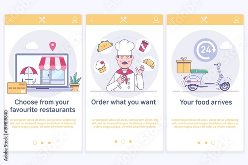 Online ordering and fast food delivery.Thin line colorful vector illustration concept