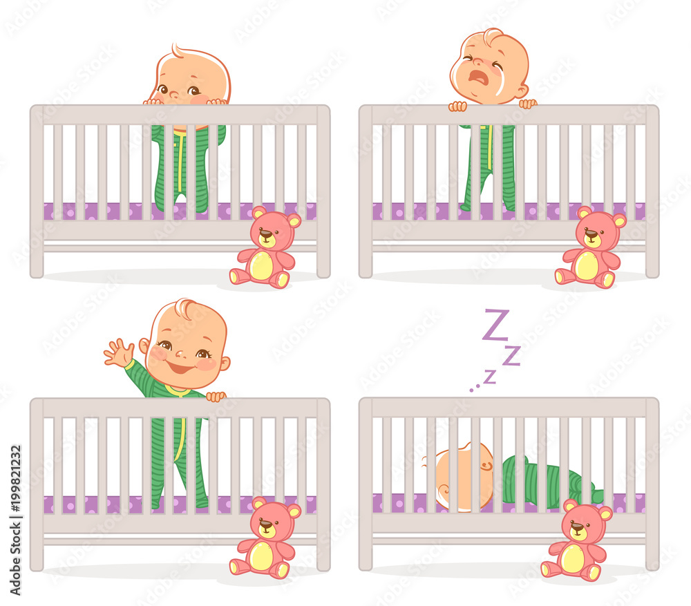 Little baby in crib. Baby boy stand in his bed. kid with different emotions. Scared, curious