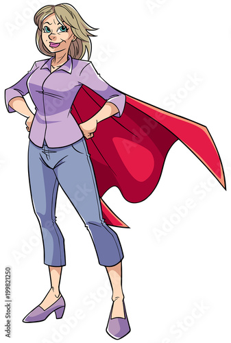 Full length illustration of a super grandmother smiling while posing proud and confident with her red cape isolated on white background for copy space