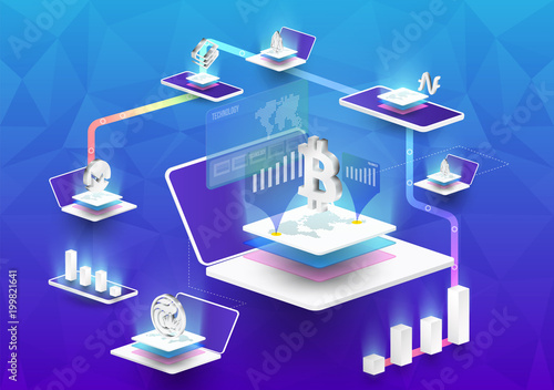 Cryptocurrency and blockchain isometric composition with Isometric phone, laptop. Smart object and smart technology design. 3d vector illustration. analysts and managers working on blockchain start up