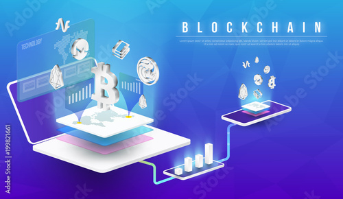 Cryptocurrency and blockchain isometric composition with Isometric phone, laptop. Smart object and smart technology design. 3d vector illustration. analysts and managers working on blockchain start up