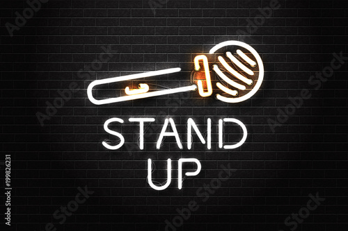 Vector realistic isolated neon sign of stand up logo with microphone for decoration and covering on the wall background. Concept of comedy show and perfomance.