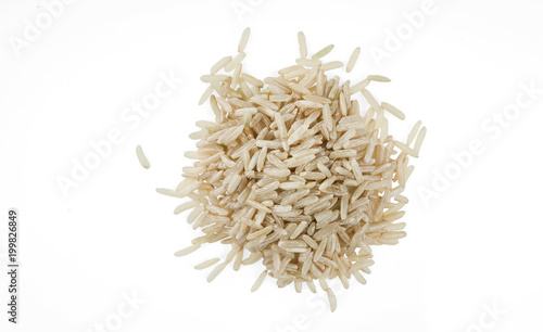 Handful of grains of long-grain rice isolated on white background.