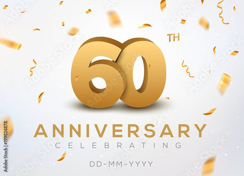 60 Anniversary gold numbers with golden confetti. Celebration 60th anniversary event party template