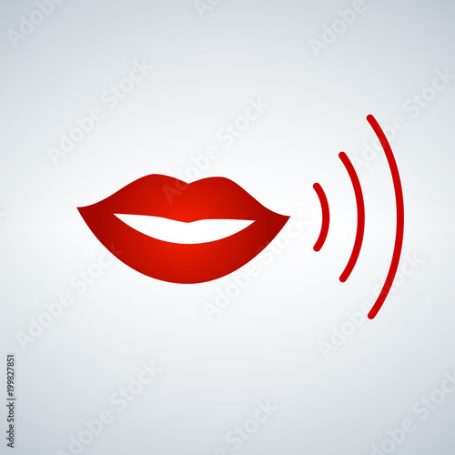 Mouth says with sound waves in red on a modern background. Dissemination of information. Live.