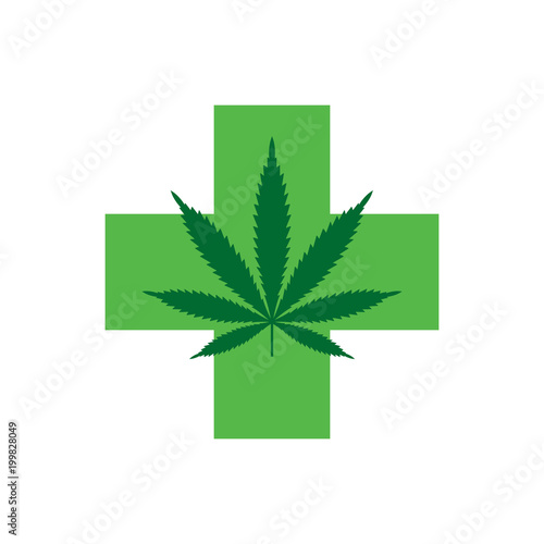 Marijuana leaf with Green Cross. Medical Cannabis. Icon Logo Template. Health and Medical therapy. Isolated vector illustration on white background.