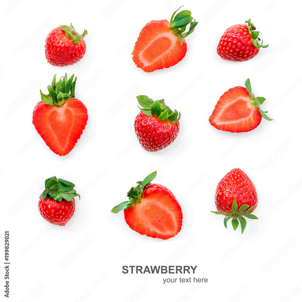 Isolated Strawberries fruit. Summer Pattern with Strawberry whole and cut in half isolated on white background, flat lay Isolated Strawberries fruit. Summer Pattern with Strawberry whole and cut in half isolated on white background, flat lay