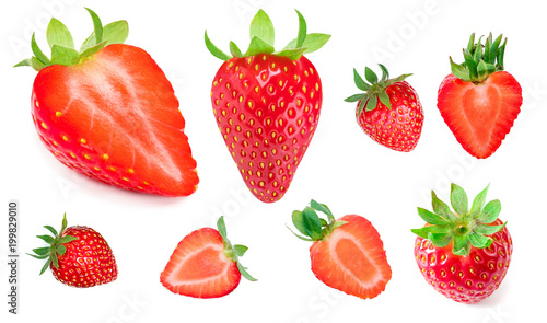 Strawberry isolated on white background. Red ripe whole strawberry with sliced 