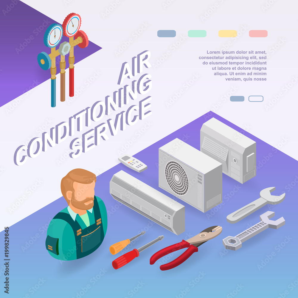 Air conditioning service. Isometric concept. Worker, equipment.