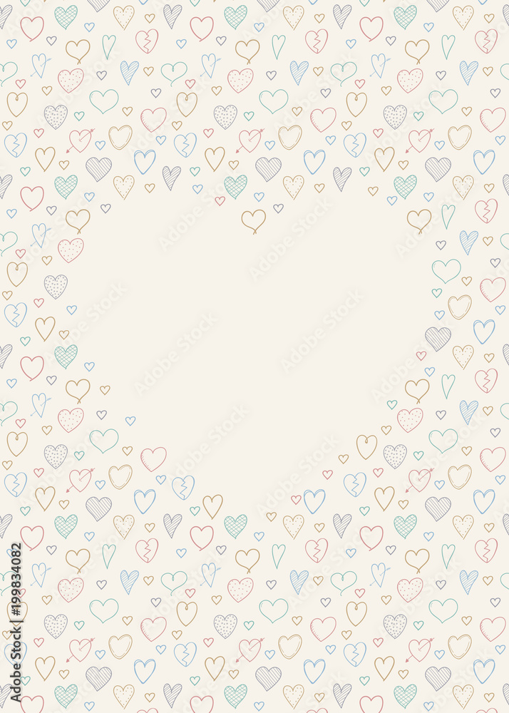 Background with frame made of hand drawn hearts. Template of card for Mother's Day, Women's Day an Valentine's Day. Vector.