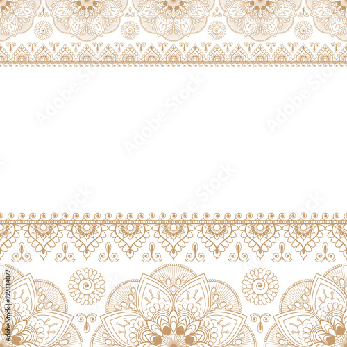 Indian Mehndi Henna Beige Brown line lace element with circles pattern card for tattoo on white background
