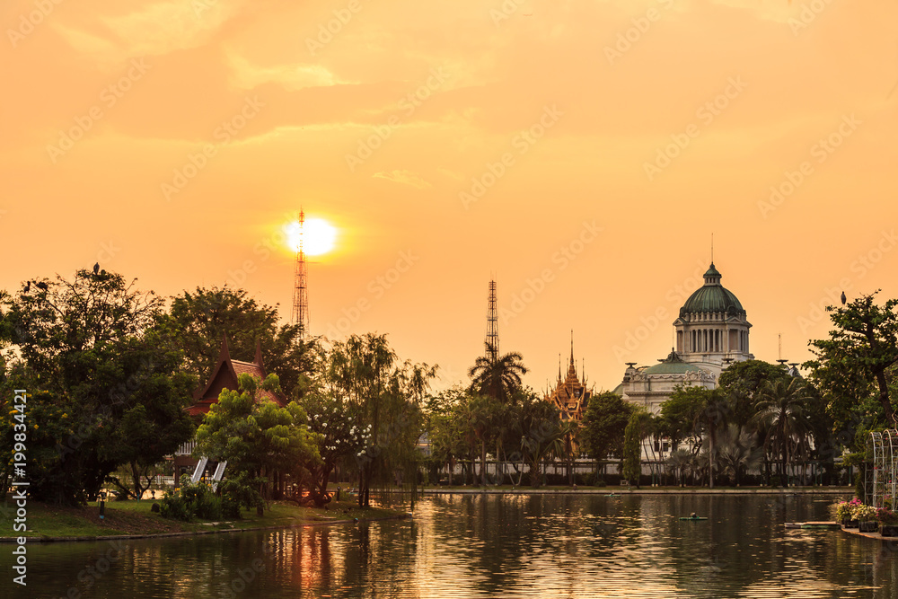 The sunset view of Landmark, the Ananta Samakhom Throne Hall with reflection on the water. The Ananta Samakhom Throne Hall is a royal reception hall within Dusit Palace in Bangkok, Thailand.