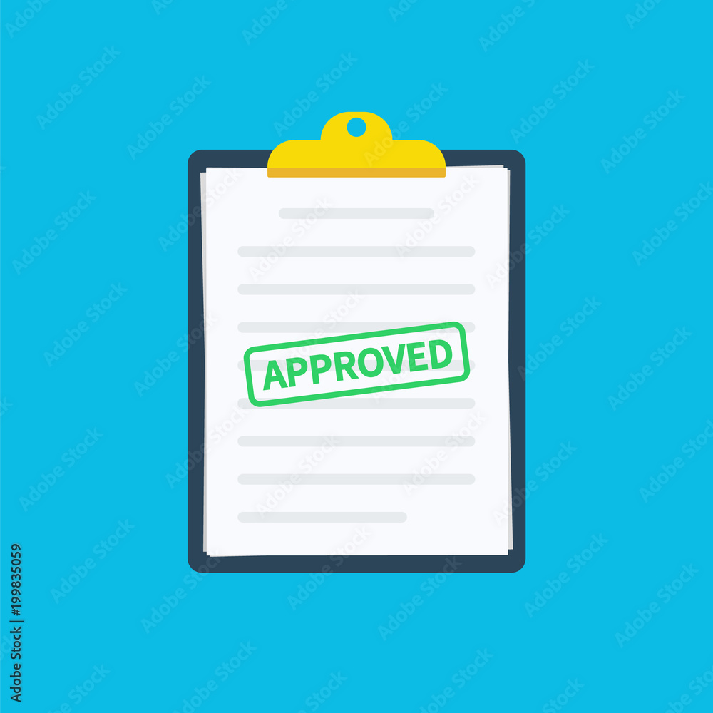 Approved application. Clipboard application with document, green