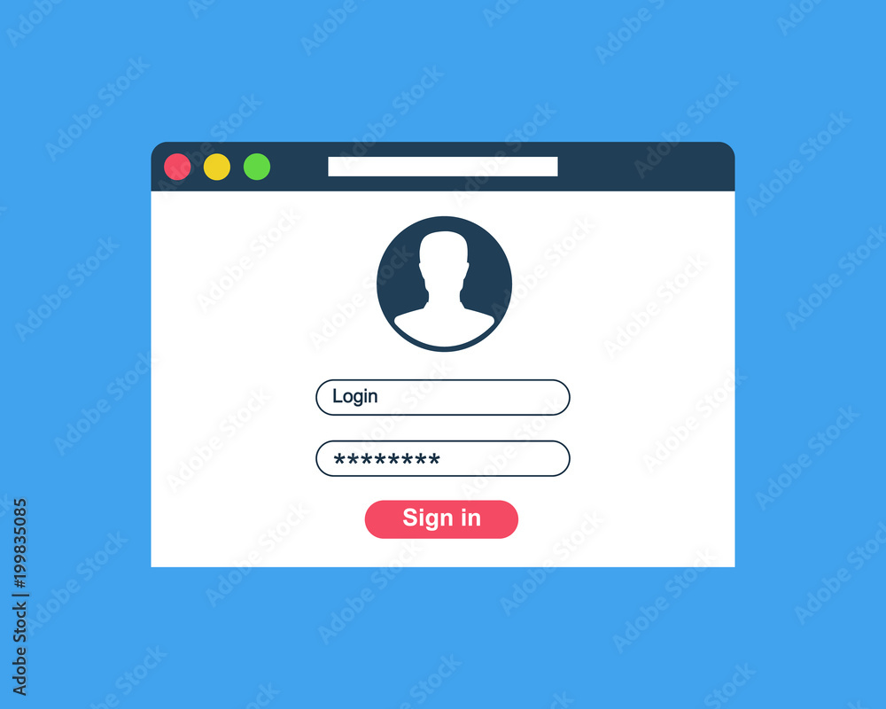 Web browser window with sign in page. Login form page. Registration, authentication, authorization concepts. Modern flat design graphic elements. Vector illustration on background. Web browser window with sign in page. Login form page. Registration, authentication, authorization concepts. Modern flat design graphic elements. Vector illustration on background.
