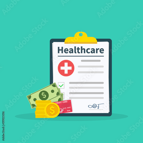 Healthcare concept. Health insurance. Flat cartoon design, vector illustration on background. Life planning. Claim form. Medical equipment, money, prescription medications.