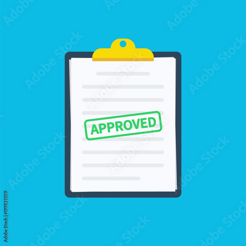 Approved application. Clipboard application with document, green approved stamp and pen. Modern flat design graphic elements. Vector illustration concept.