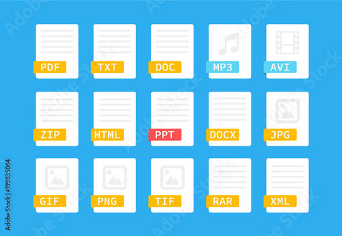 Document format. Flat style icon set. Programming file type, extension. Pictogram. Web and multimedia. Computer technology. Vector illustration on background.
