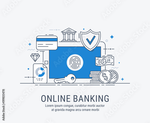 Online banking, security payments, transactions, investments and deposits, advanced information technology. Modern thin line vector illustration.