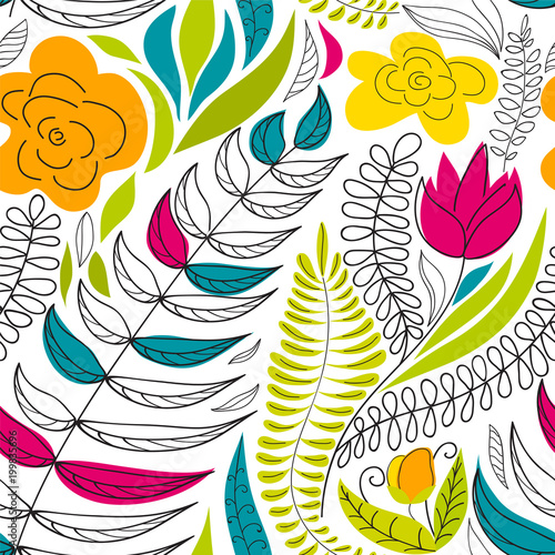 Seamless  background with drawn  flowers and plants for decoration