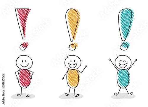 Colourful stickmen with exclamation points - set. Vector.