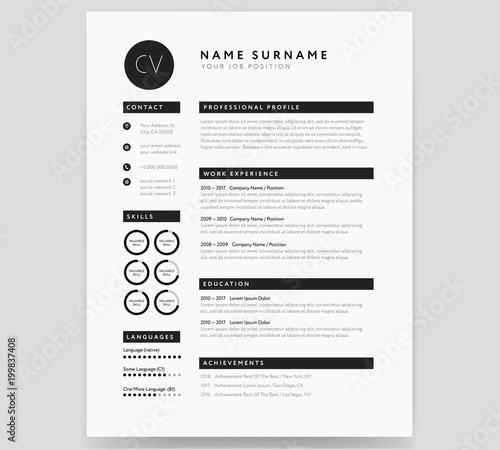 CV template modern professional sample in minimalist style black and white vector