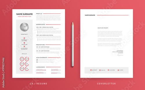 Red CV / resume and cover letter template. Super clean and clear modern design 