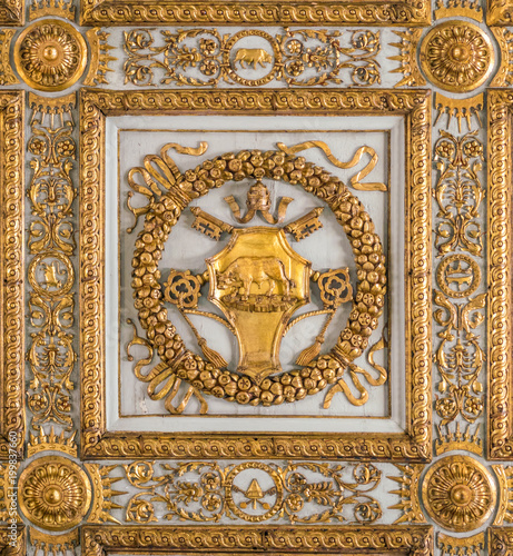 Borgia coat of arms in the ceiling of the Basilica of Santa Maria Maggiore in Rome, Italy.