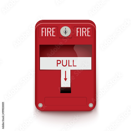 Fire alarm system. Pull danger fire safety box. Break red alarm equipment detector
