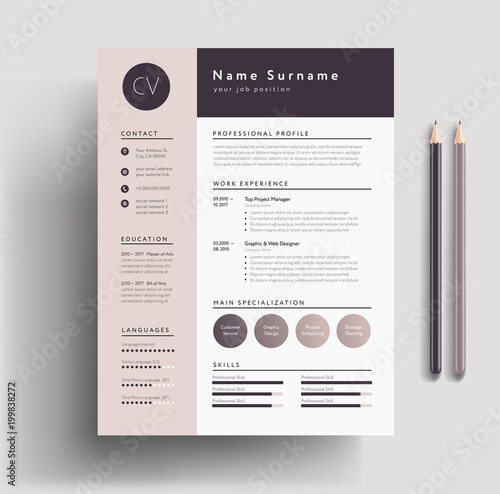 Beautiful CV / Resume template - elegant stylish design - dusty pink color background vector photo